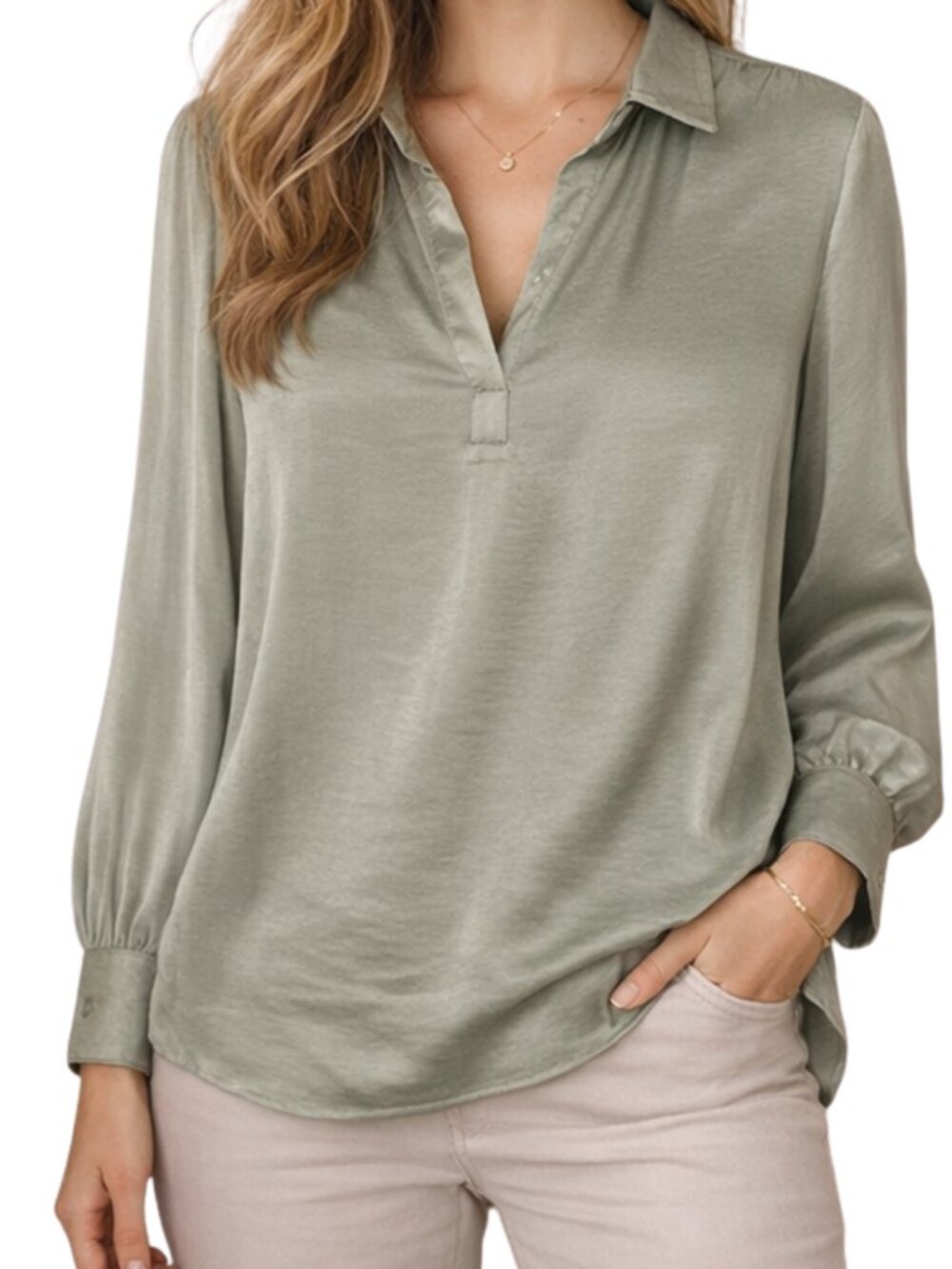 Banana Republic Satin Popover Blouse Sage Green Long Sleeve Women's Size Large